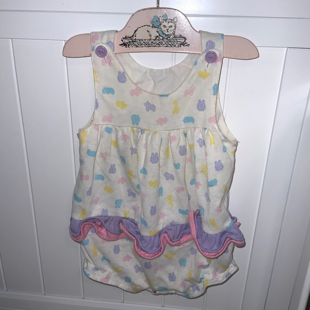 Vintage 90s Health-tex Baby Girls Blue Bubble Romper Size 18 Months Purple Pink
